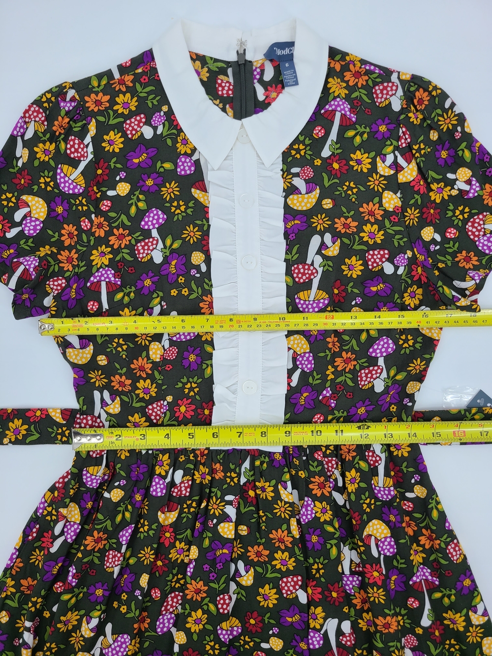 ModCloth Cottagecore Olive Green Mushroom & Flora Belted Dress Size 6 - Picture 9 of 12